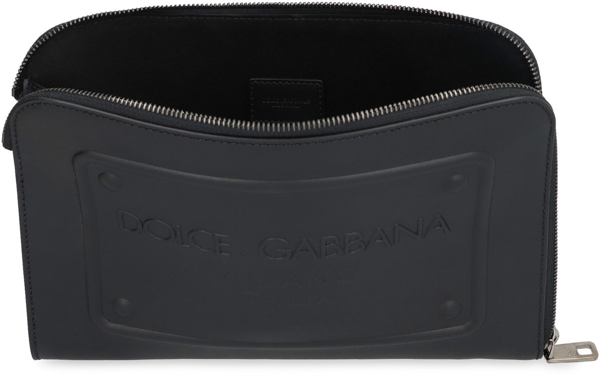 DOLCE & GABBANA Black Leather Clutch with Detachable Wrist Strap for Men