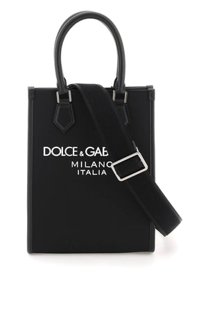 DOLCE & GABBANA Small Beige Nylon Tote with Leather Trim and Rubberized Logo for Men, FW23