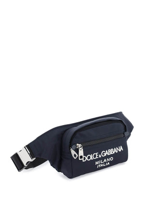 Blue Nylon Belt Bag with Rubberized Logo and Metal Hardware