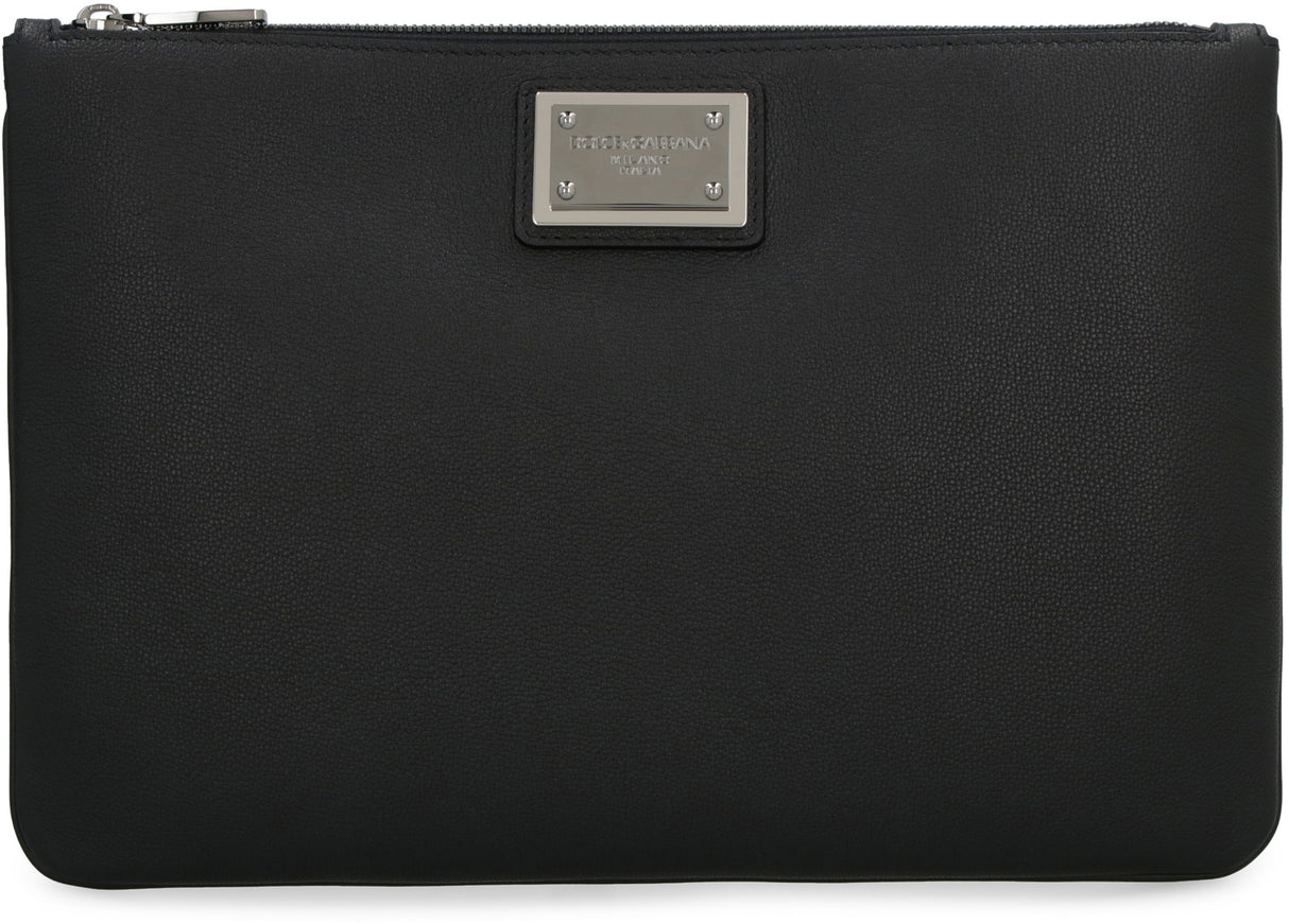 DOLCE & GABBANA Men's Black Leather Logo Detail Flat Pouch Handbag for FW23