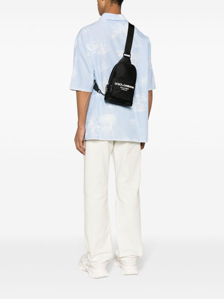 DOLCE & GABBANA Black/White Logo-Appliqué Zipped Backpack for Men