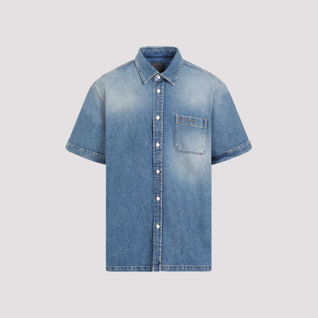 GIVENCHY Men's Blue Denim Shirt with Front Pocket and Contrasting Color Stitching