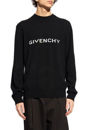 GIVENCHY Men's Crew-Neck Sweater with Contrasting Color Logo and Ribbed Knit Edges - Black