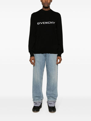 GIVENCHY Men's Crew-Neck Sweater with Contrasting Color Logo and Ribbed Knit Edges - Black