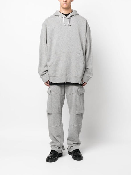 GIVENCHY Men's Grey Cotton Hoodie with Embroidered Logo and Ripped Detailing