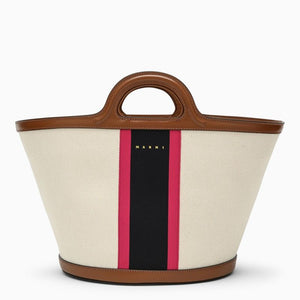 MARNI Tropicalia Mini Canvas Handbag in Beige, Blue & Fuchsia with Leather Accents and Removable Strap