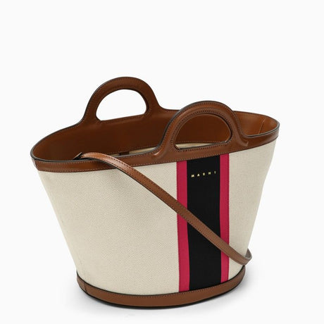 MARNI Tropicalia Mini Canvas Handbag in Beige, Blue & Fuchsia with Leather Accents and Removable Strap