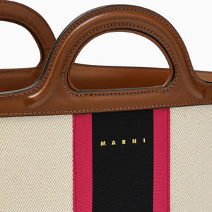 MARNI Tropicalia Mini Canvas Handbag in Beige, Blue & Fuchsia with Leather Accents and Removable Strap