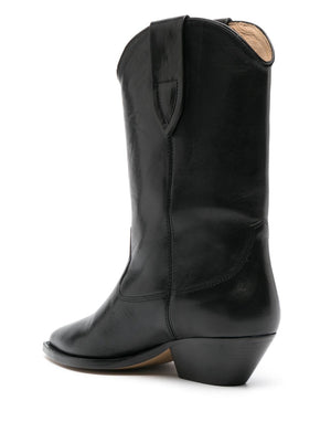 Women's Black Leather Block-Heel Boots