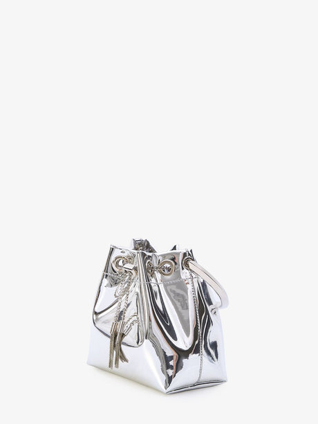 JIMMY CHOO Silver Mirror Mini Bucket Handbag with Metal Handle and Tassel Detail, 14x15x9.5 cm