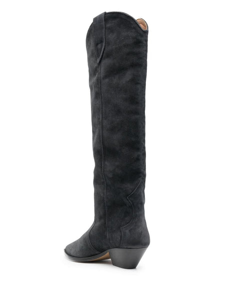ISABEL MARANT Black Suede Knee-High Boots with Mid Sculpted Heel for Women