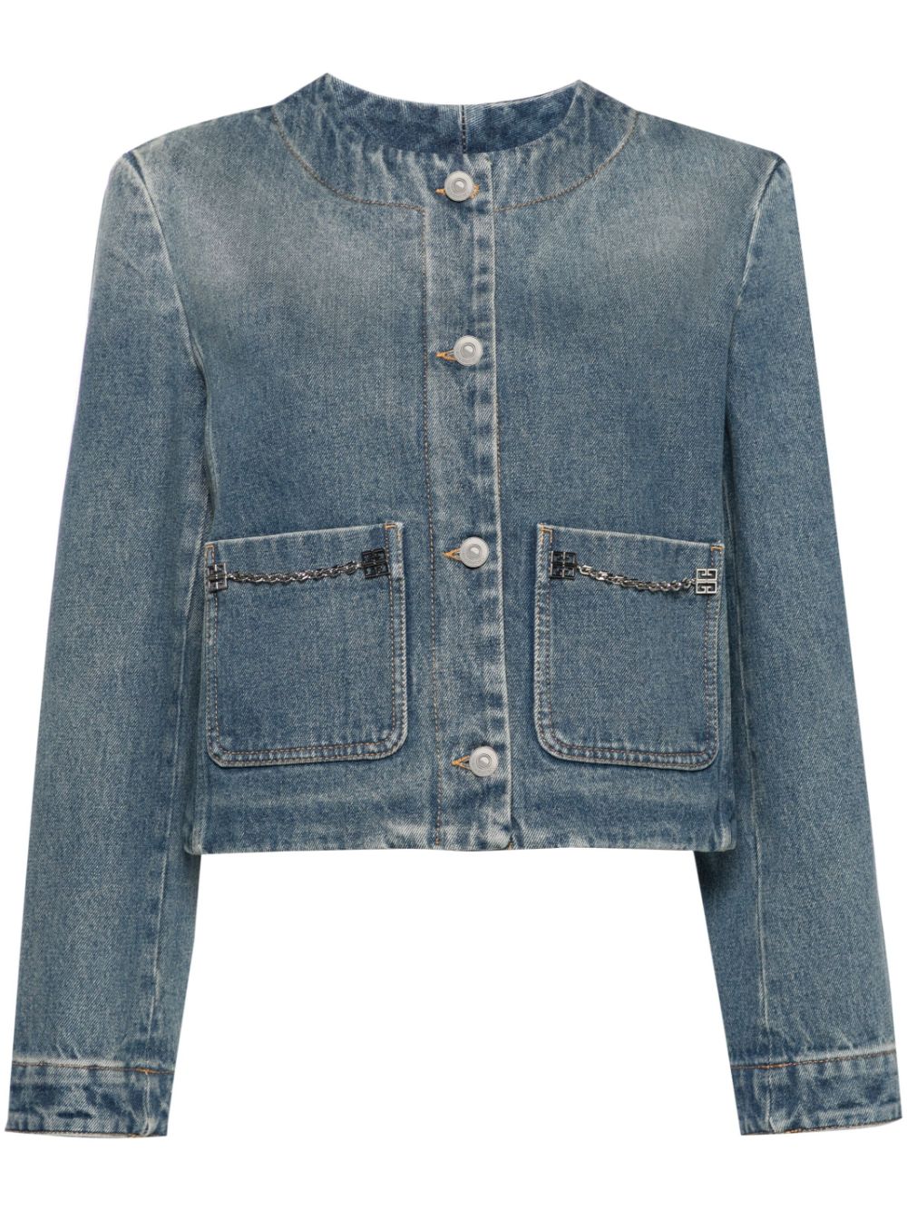 GIVENCHY Indigo Blue Denim Jacket with Signature 4G Motif and Chain-Link Detailing for Women