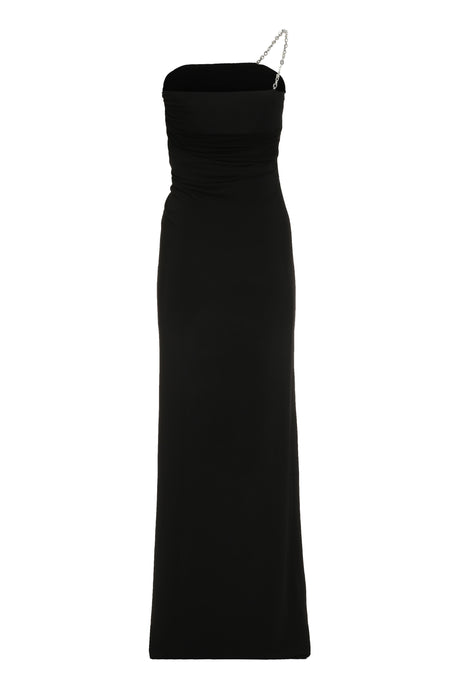 GIVENCHY Black Draped One Shoulder Dress with G Chain Shoulder Strap