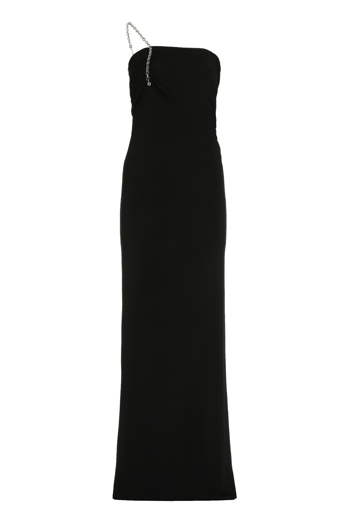 GIVENCHY Black Draped One Shoulder Dress with G Chain Shoulder Strap