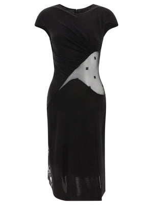 エレガントな黒のクレープドレス、4Gベルベットとプルメティスのディテール