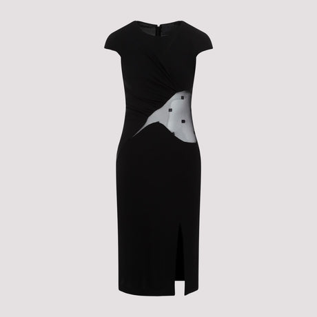 女士黑色粘纤维中长裙，配透视镶片、垂褶腰身和开叉设计