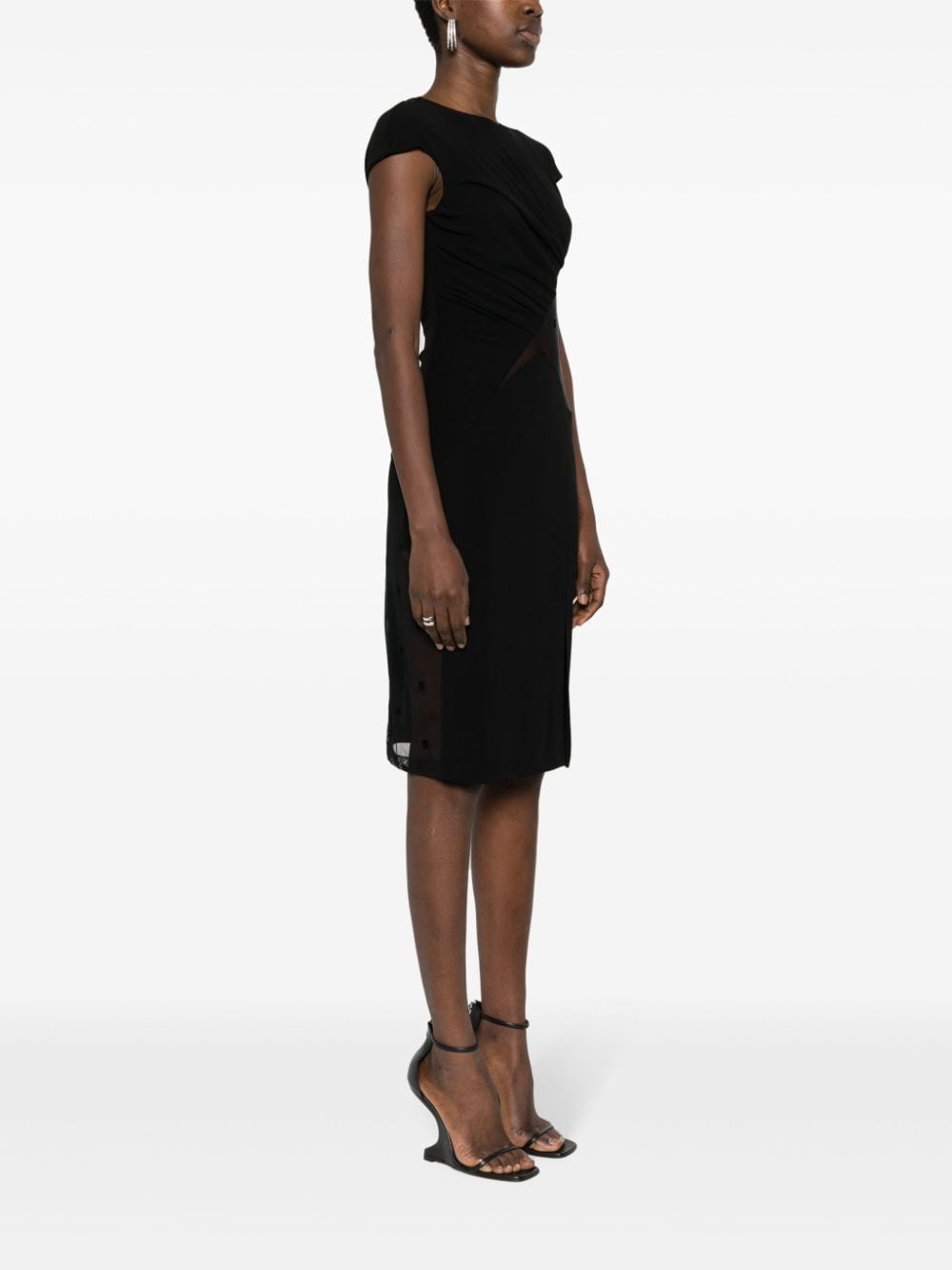 GIVENCHY Women's Black Viscose Midi Dress with Sheer Inlays, Draped Waist, and Front Slit