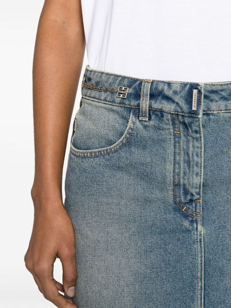 Cerulean Blue Cotton Denim Mini Skirt with Chain-Link Detailing and Silver-Tone Logo Plaque