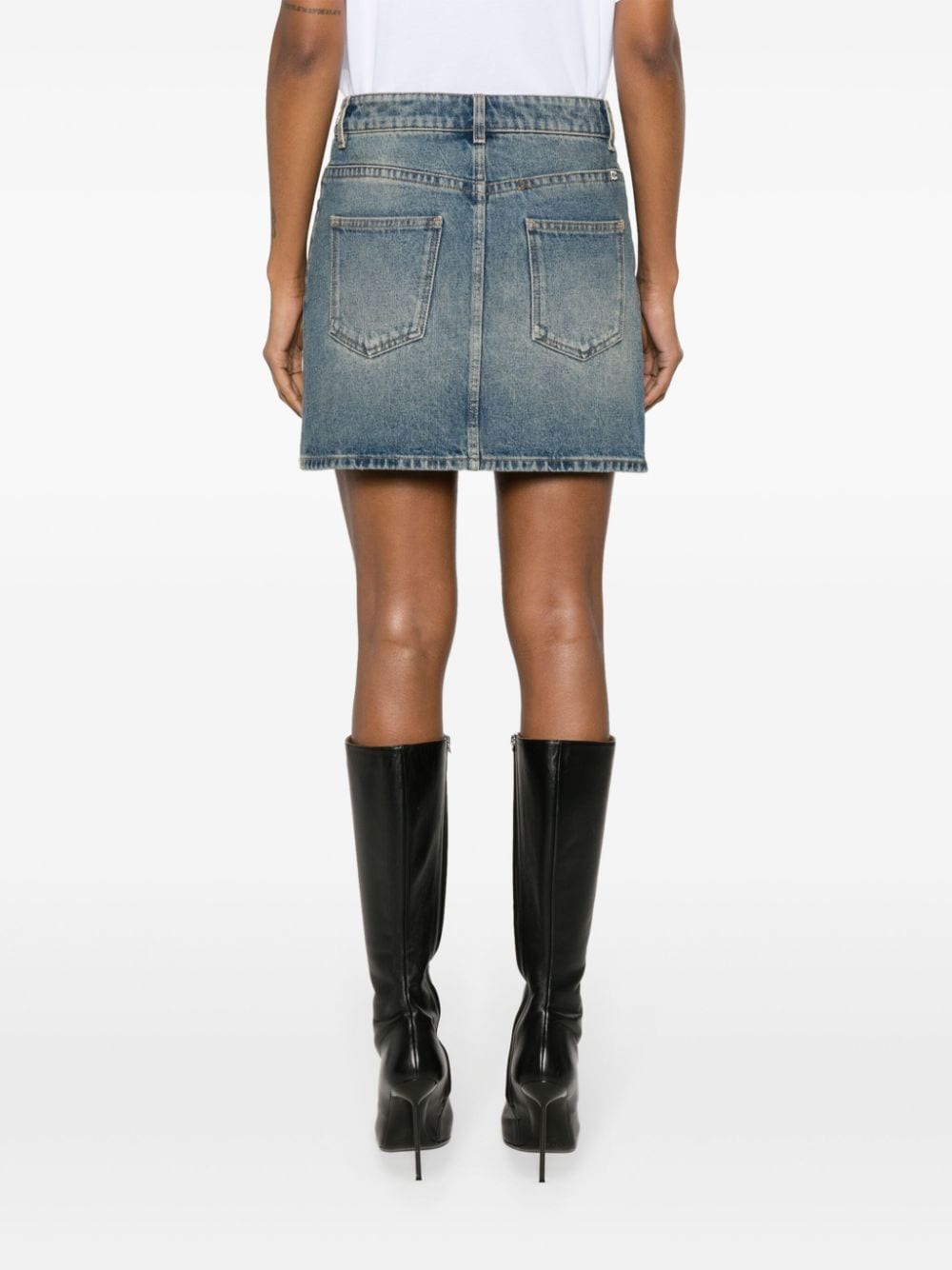 GIVENCHY Cerulean Blue Cotton Denim Mini Skirt with Chain-Link Detailing and Silver-Tone Logo Plaque