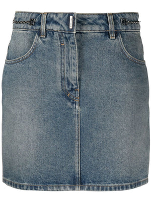 Cerulean Blue Cotton Denim Mini Skirt with Chain-Link Detailing and Silver-Tone Logo Plaque