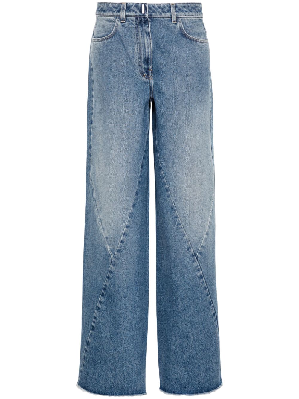 GIVENCHY Medium Blue Washed Denim Jeans with Zip and Gusset Fastening and Metal Logo Plaque