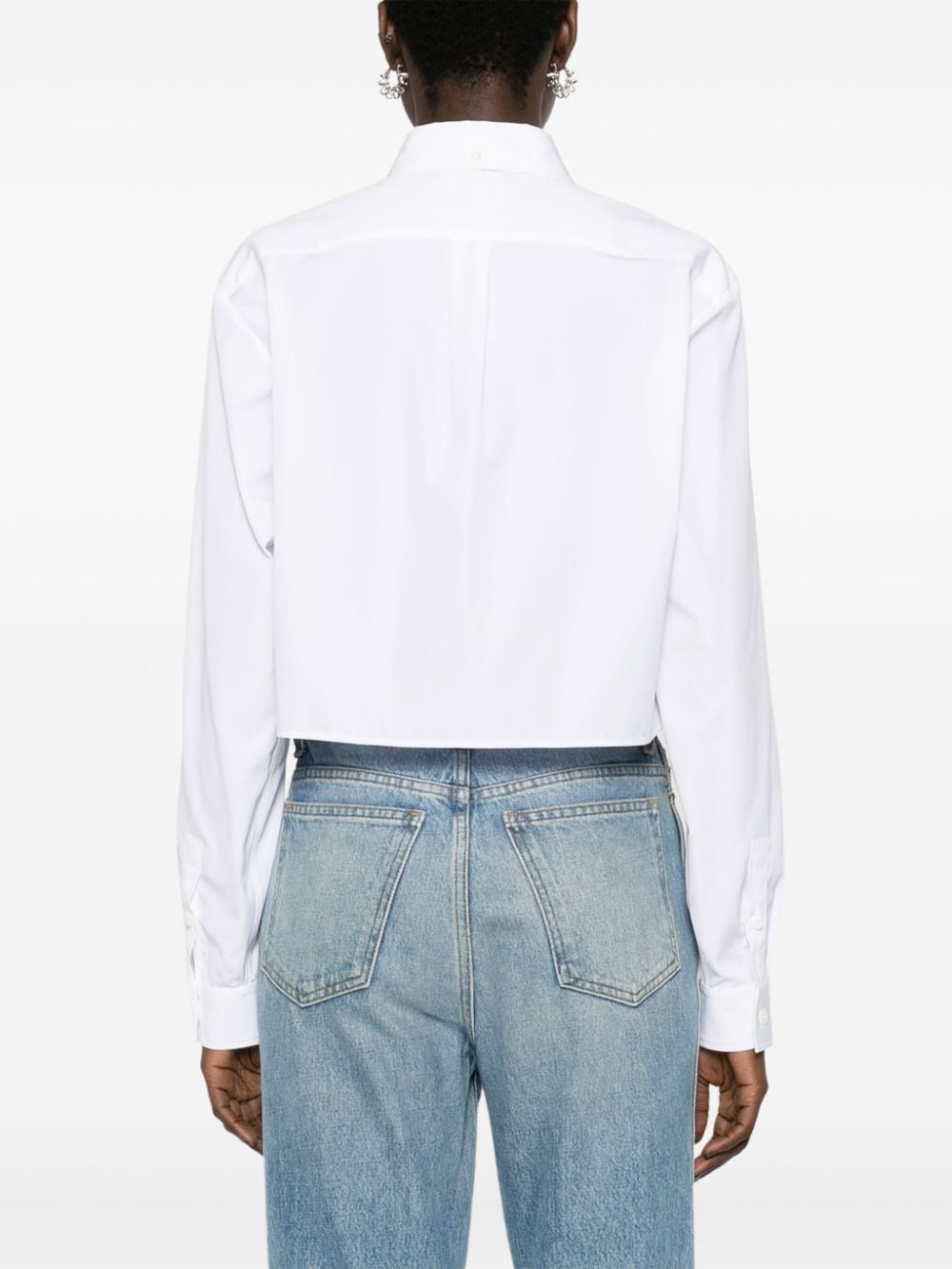 Cropped-Length Cotton Shirt with Button-Down Collar and Front Pocket