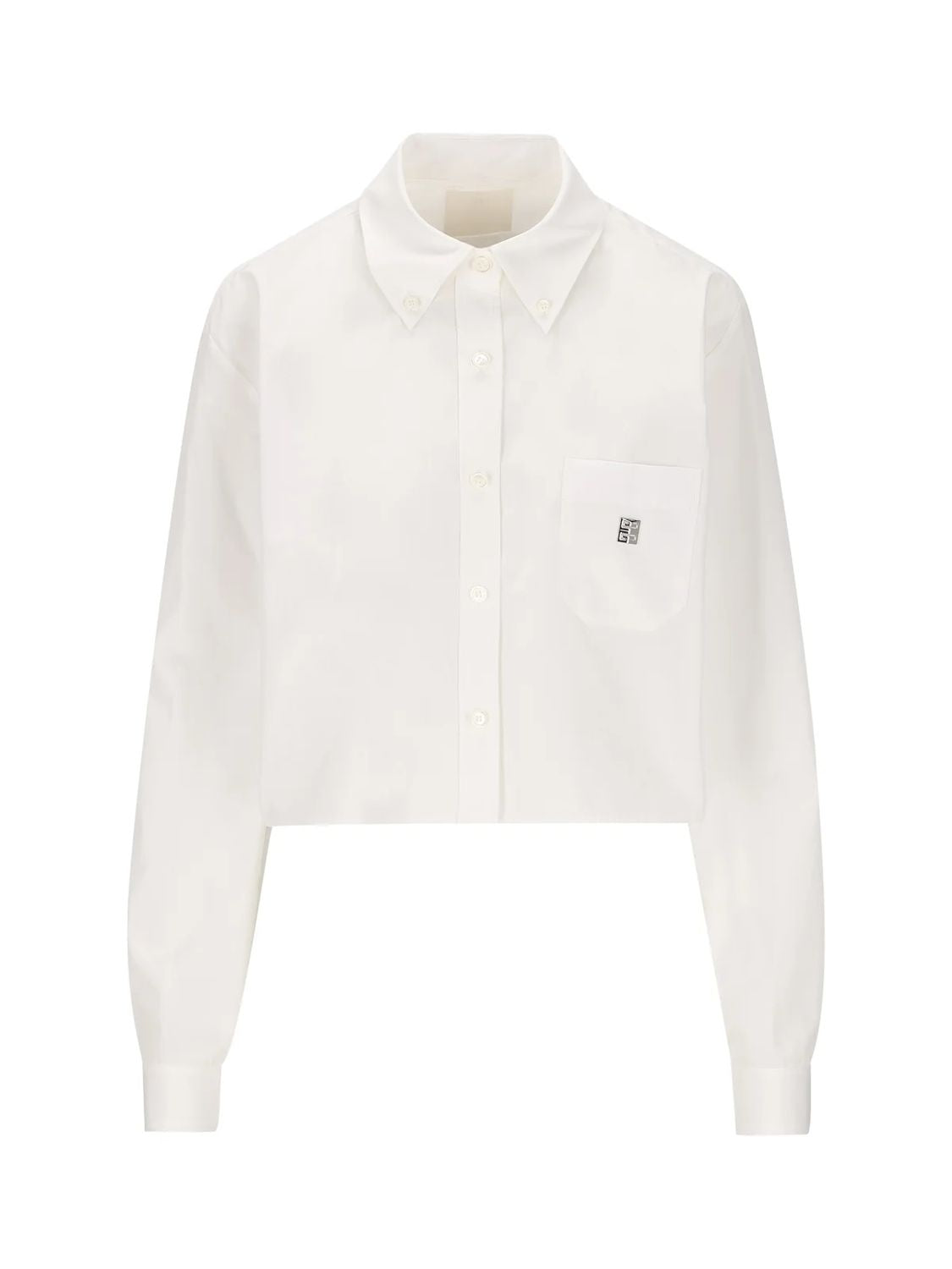 Cropped-Length Cotton Shirt with Button-Down Collar and Front Pocket