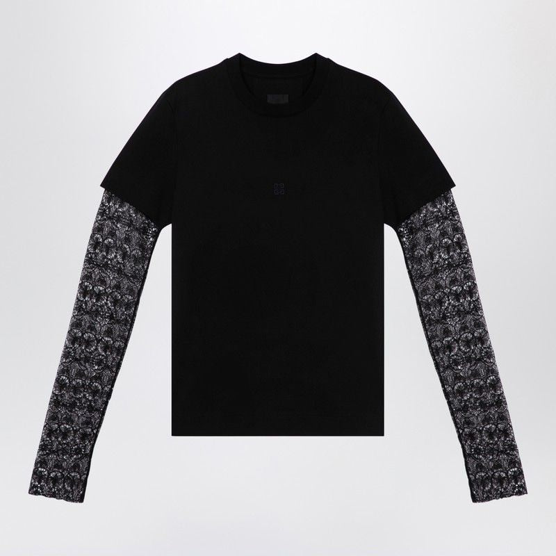 GIVENCHY Elegant Overlapping Black Lace T-Shirt