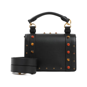 CHLOÉ Elegant Black Calf Leather Mini Flap Handbag with Brass Details - W:8" H:6" D:2.4"