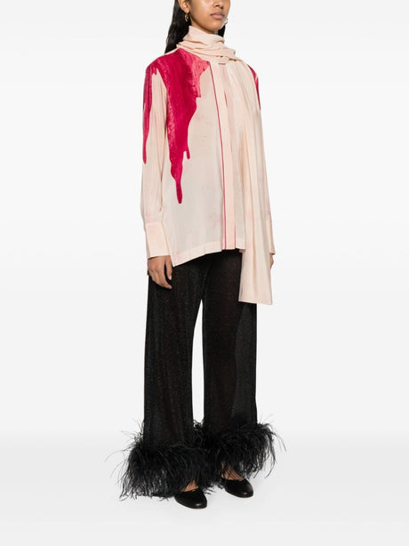 Light Pink Silk Shirt with Palm Tree Print, Detachable Scarf, and Button Details
