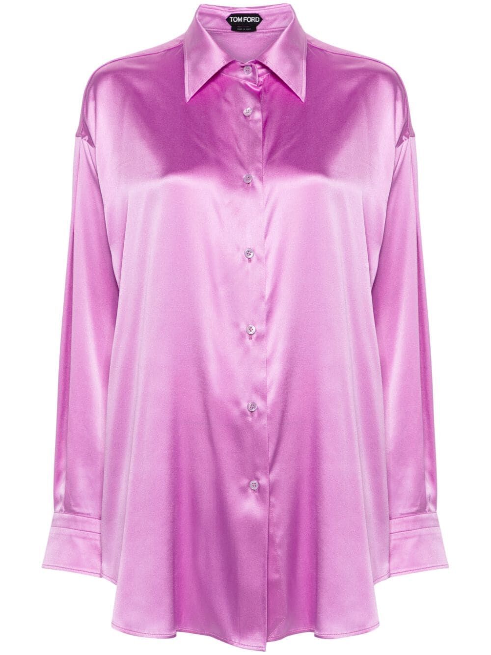 قميص حرير فاخر مع أزرار للنساء - وردي وأرجواني