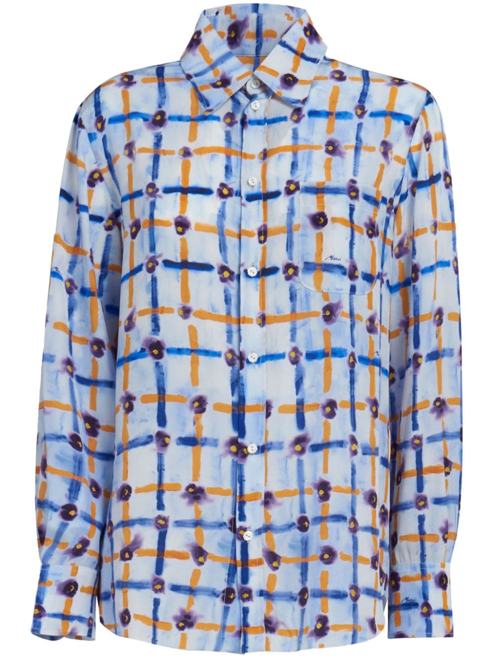 قميص حريري بياقة مدببة مطبعة بتصميم فريد
