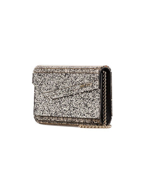 JIMMY CHOO Silver Glitter Asymmetric Flap Clutch for Women