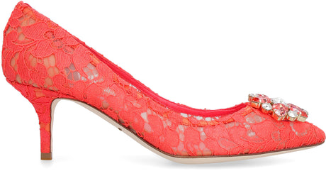 DOLCE & GABBANA Red Lace Pumps with Flower-Shaped Rhinestone Appliqué and Kitten Heels