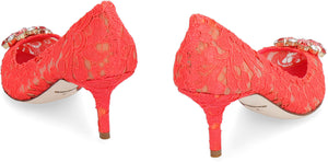 DOLCE & GABBANA Red Lace Pumps with Flower-Shaped Rhinestone Appliqué and Kitten Heels