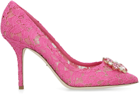 DOLCE & GABBANA Flower-Shaped Rhinestone Appliqué Pointy Toe Kitten Heel Pumps