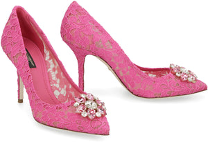 DOLCE & GABBANA Flower-Shaped Rhinestone Appliqué Pointy Toe Kitten Heel Pumps