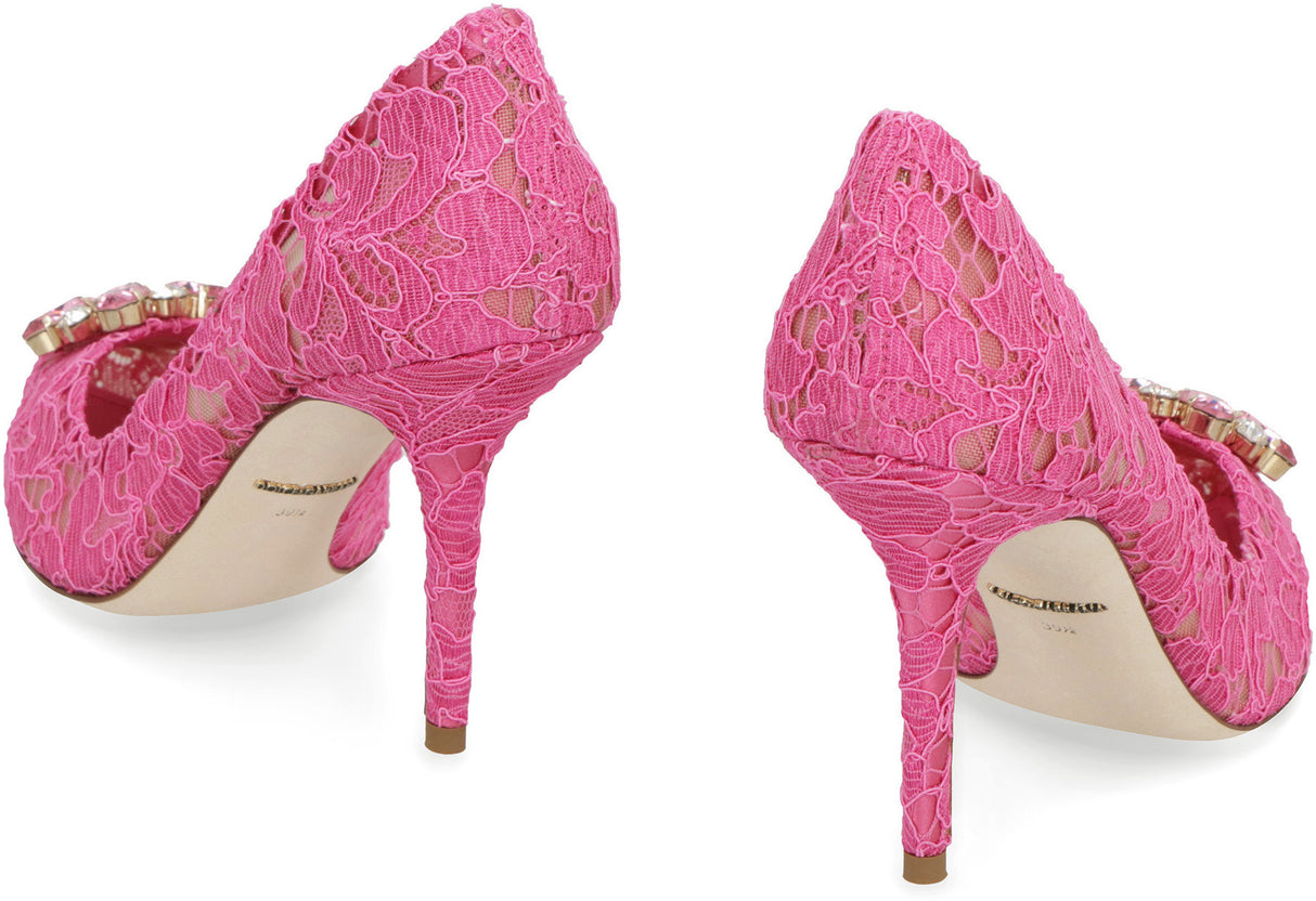 DOLCE & GABBANA Flower-Shaped Rhinestone Appliqué Pointy Toe Kitten Heel Pumps