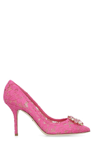 DOLCE & GABBANA Flower-Shaped Rhinestone Appliqué Pointy Toe Kitten Heel Pumps