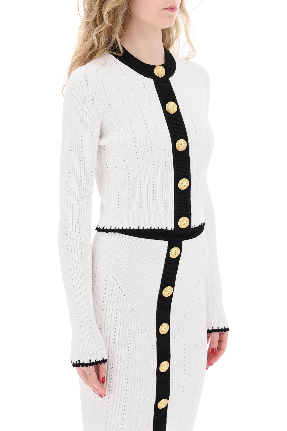 BALMAIN Bicolor Knit Cardigan with Embossed Buttons - Women's Fashion Top for Spring/Summer 2024