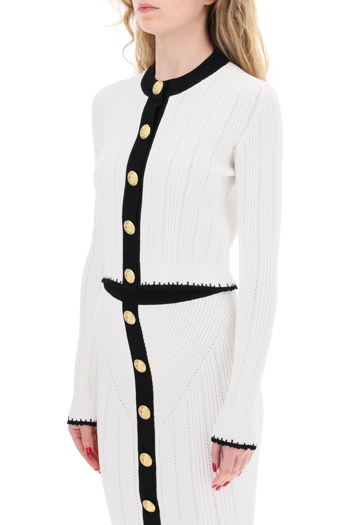 BALMAIN Bicolor Knit Cardigan with Embossed Buttons - Women's Fashion Top for Spring/Summer 2024