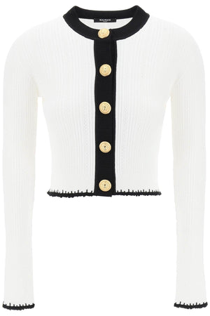 BALMAIN Bicolor Knit Cardigan with Embossed Buttons - Women's Fashion Top for Spring/Summer 2024