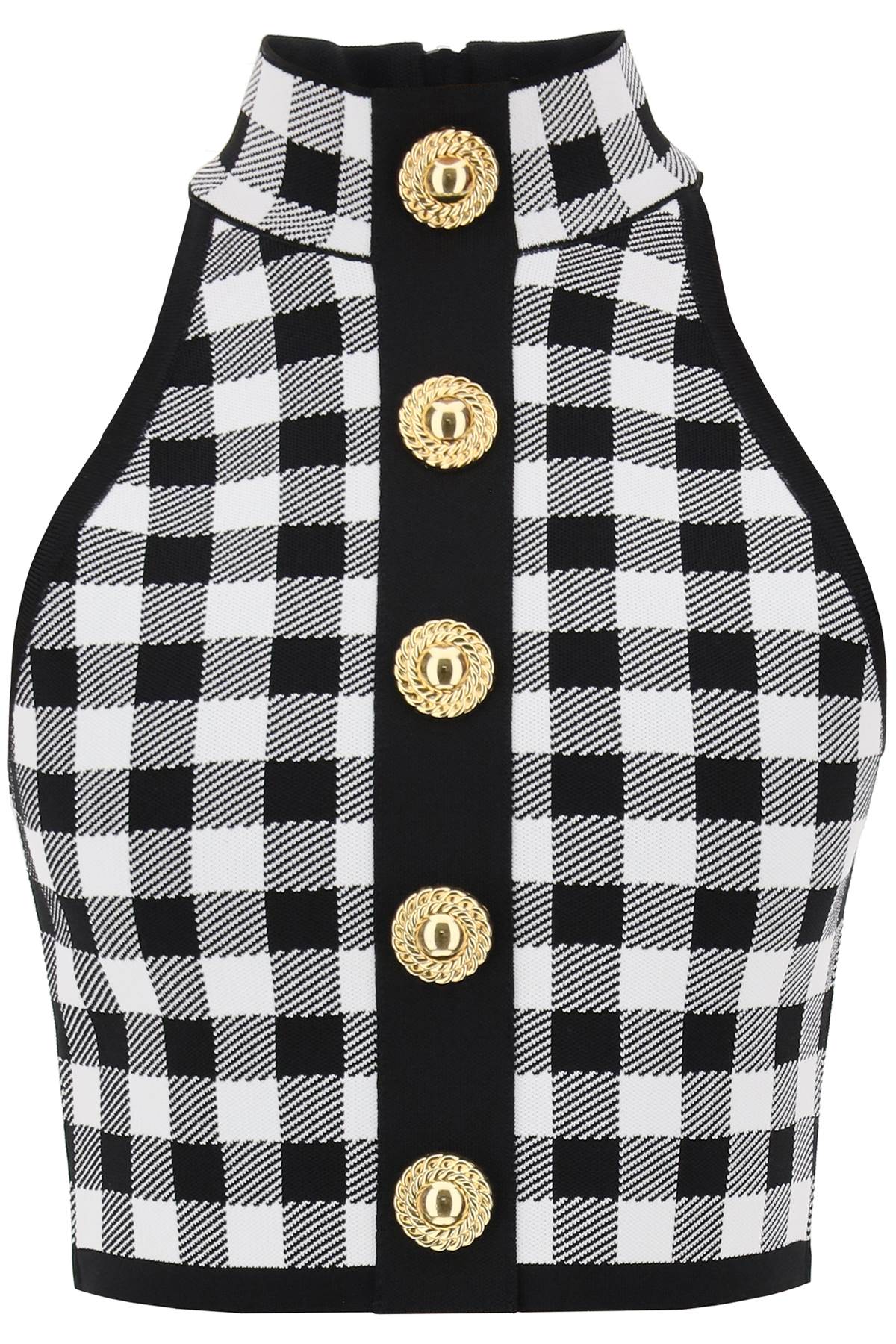 BALMAIN Feminine Gingham Cropped Top with Embossed Buttons