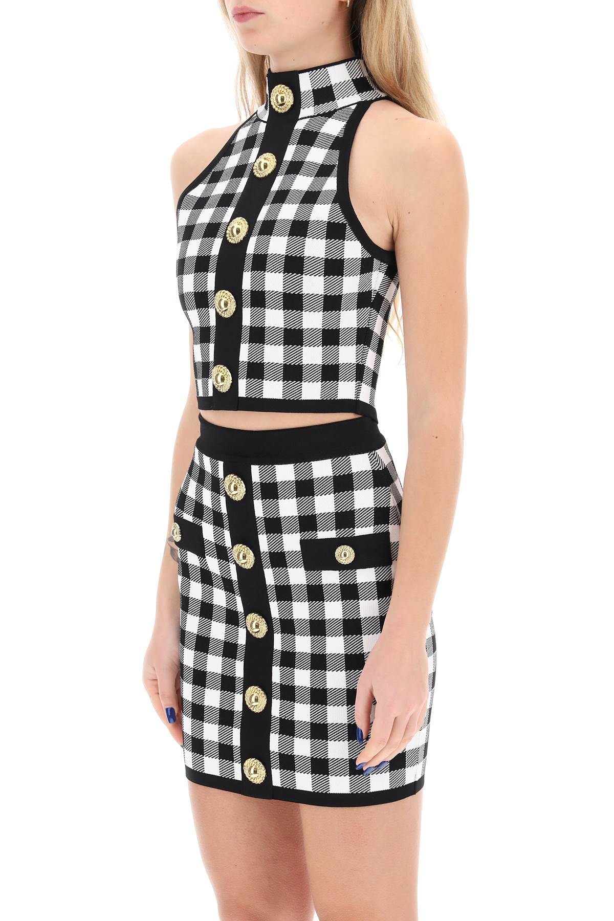 BALMAIN Feminine Gingham Cropped Top with Embossed Buttons