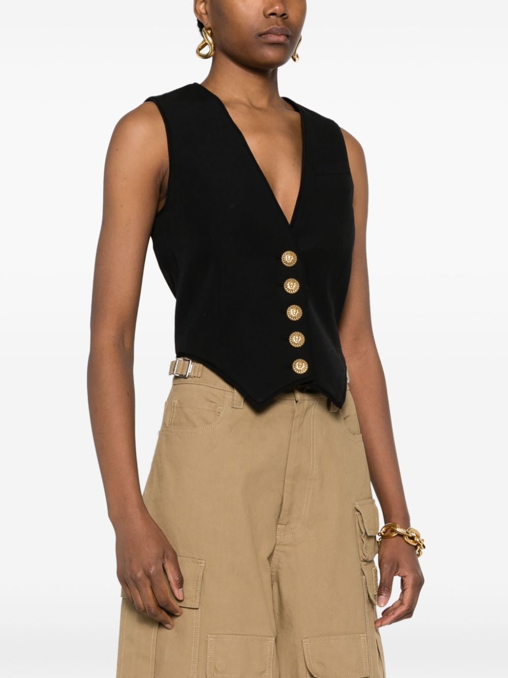 BALMAIN Black V-Neck Vest with Iconic Lion Buttons in Gold-Tone Metal