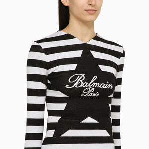 BALMAIN Striped Cotton T-Shirt with Logo Detail and Back Zip Fastening