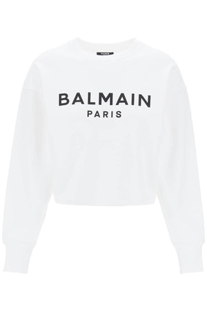 BALMAIN White Cropped Sweatshirt with Flocked Logo for Women