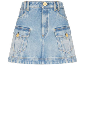 BALMAIN Flared Denim Western Skirt with Gold-Tone Details