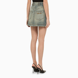 BALMAIN Flared Denim Western Skirt with Gold-Tone Details