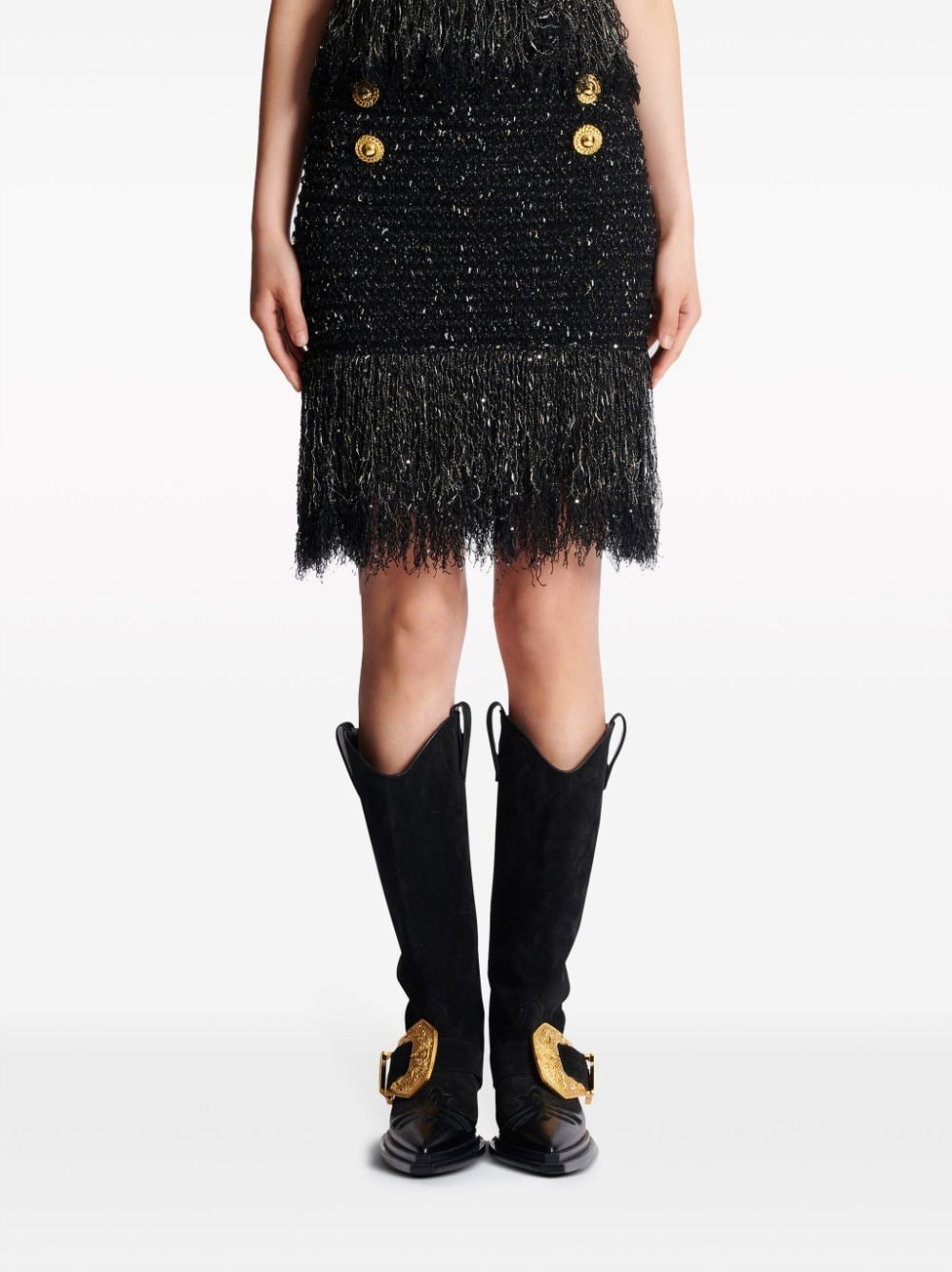 BALMAIN Women's Black and Gold Fringe Skirt for SS24